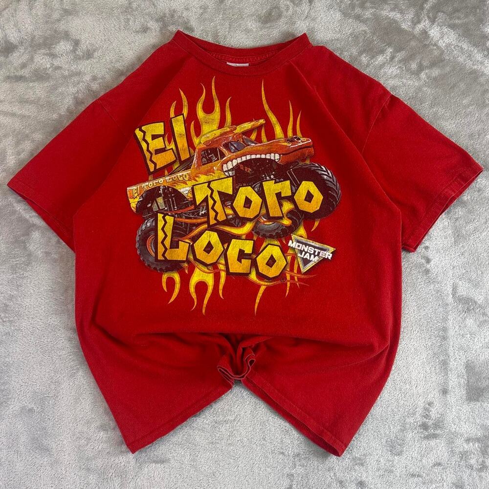 Y2K El Toro Loco Monster Jam Graphic T Shirt Red Flames Truck Tee Youth Large